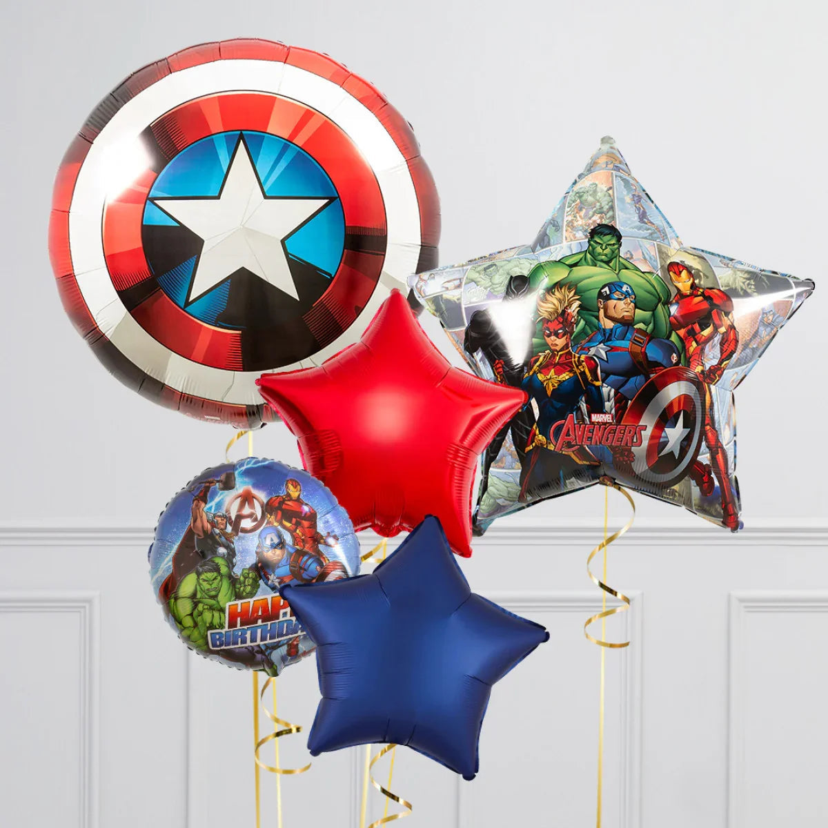 Marvel Avengers helium balloons featuring Captain America shield and superhero designs in red, blue, and star shapes