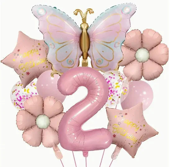 Pink and gold butterfly balloon, number 2 balloon, pink flower balloons, star-shaped birthday balloons, and confetti balloons