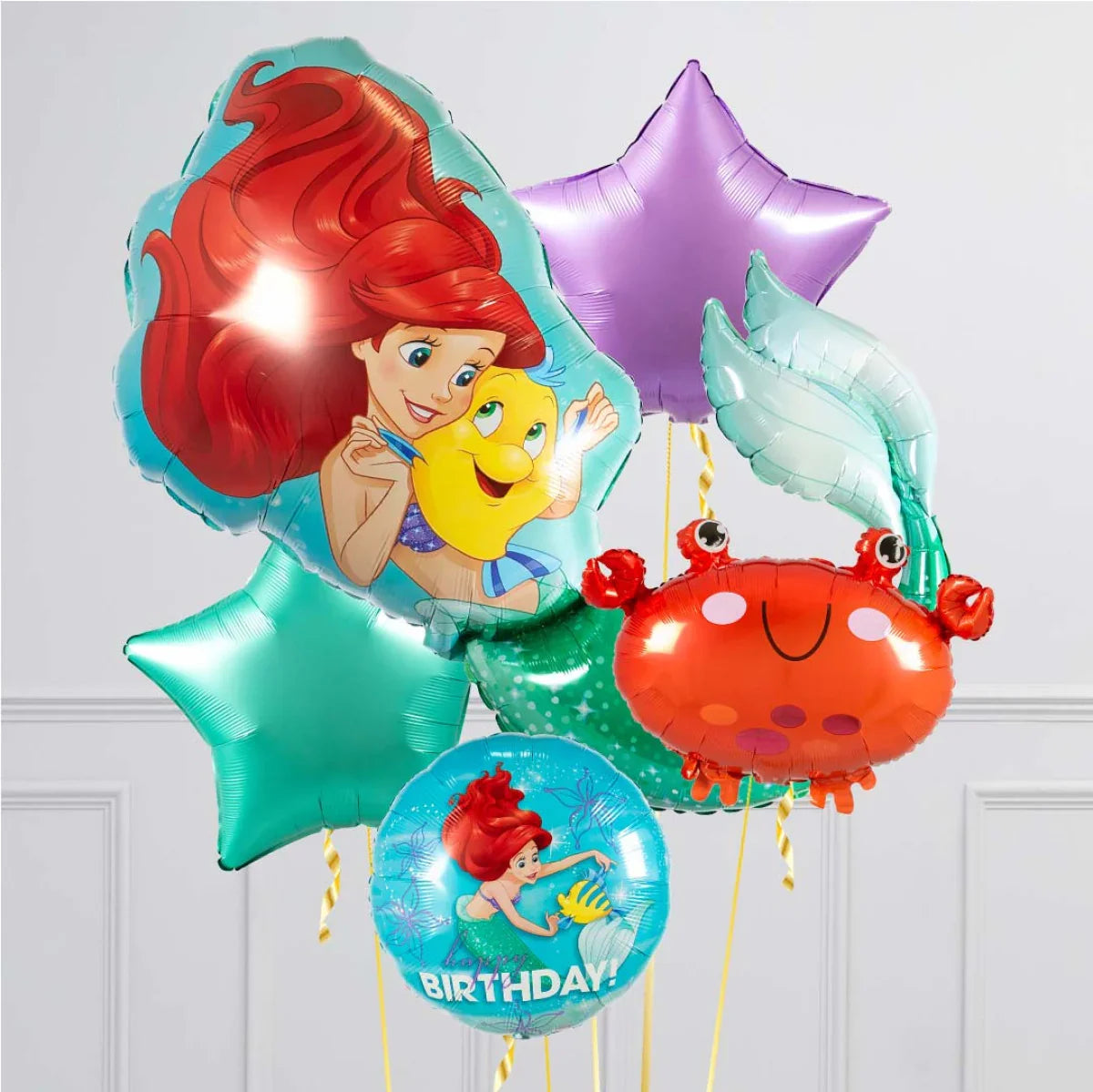 Disney Little Mermaid birthday balloon set with Ariel, Flounder, star, and crab shapes