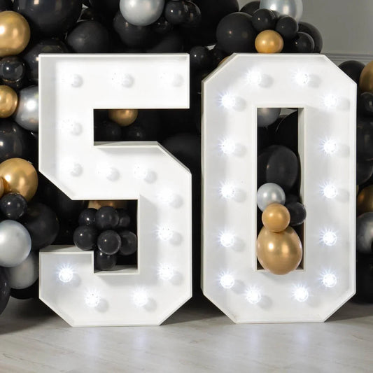 Illuminated white marquee numbers 50 surrounded by black, gold, and silver balloons for event decoration