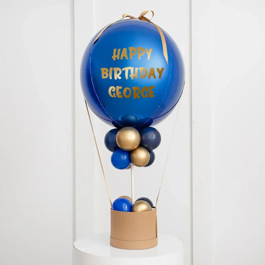 Personalized sapphire blue hot air balloon balloon bouquet with gold Happy Birthday George text