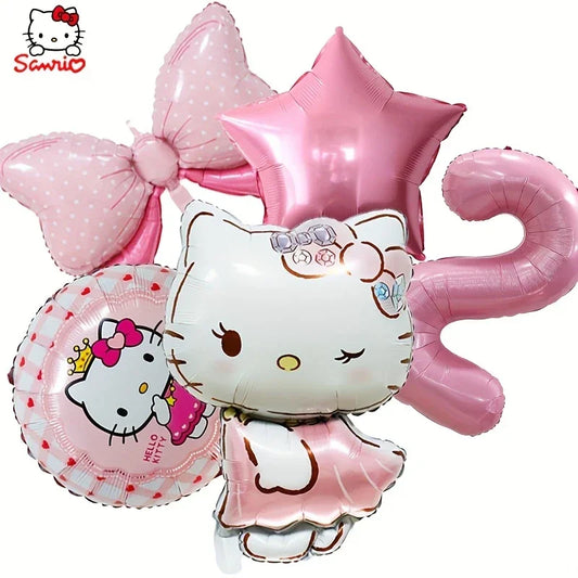 Pink Hello Kitty aluminum foil balloons set with bow, star, and number 2, Disney party decor