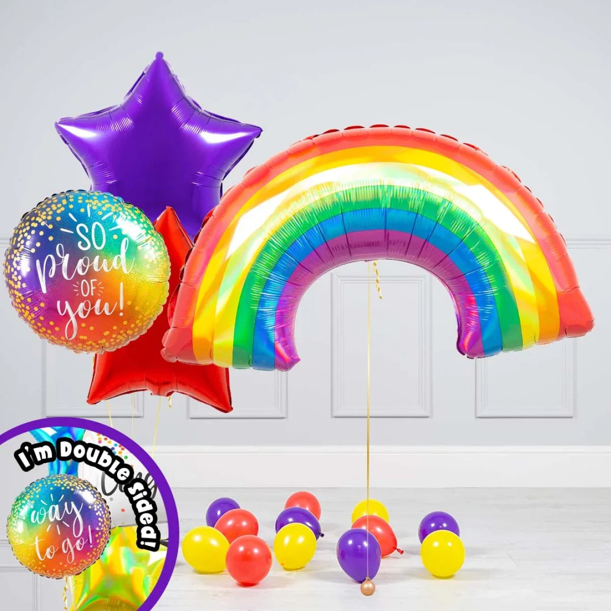 Colorful balloon bouquet with rainbow, purple and red stars, and a double-sided message 'So proud of you!' for celebration