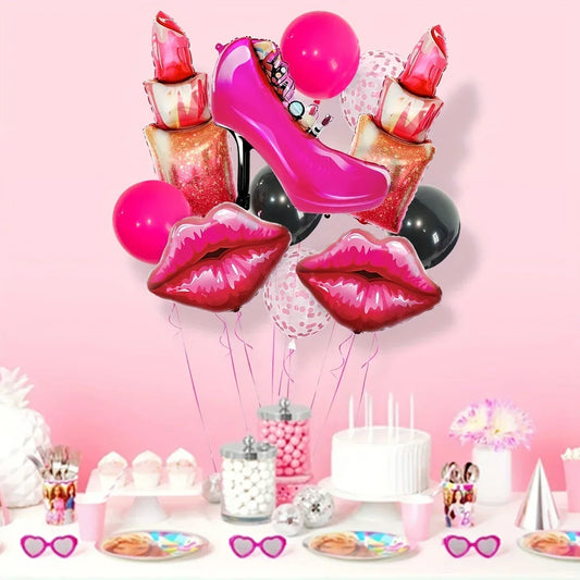 Party table with pink high heel, lipstick, and lip-shaped balloons, white cake, cupcakes, and pink decor