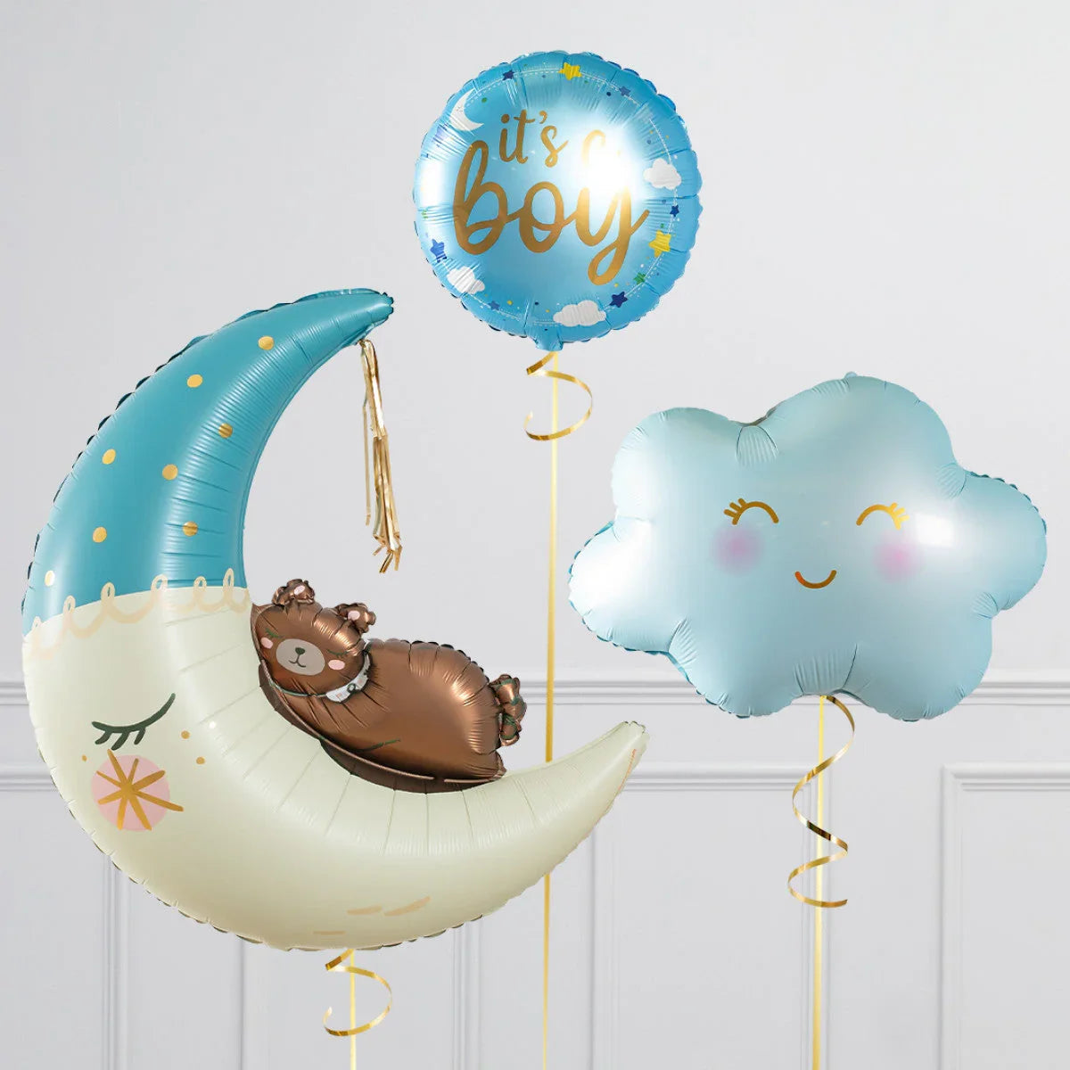 Baby shower blue balloons set with moon, bear, cloud, and 'it's a boy' text