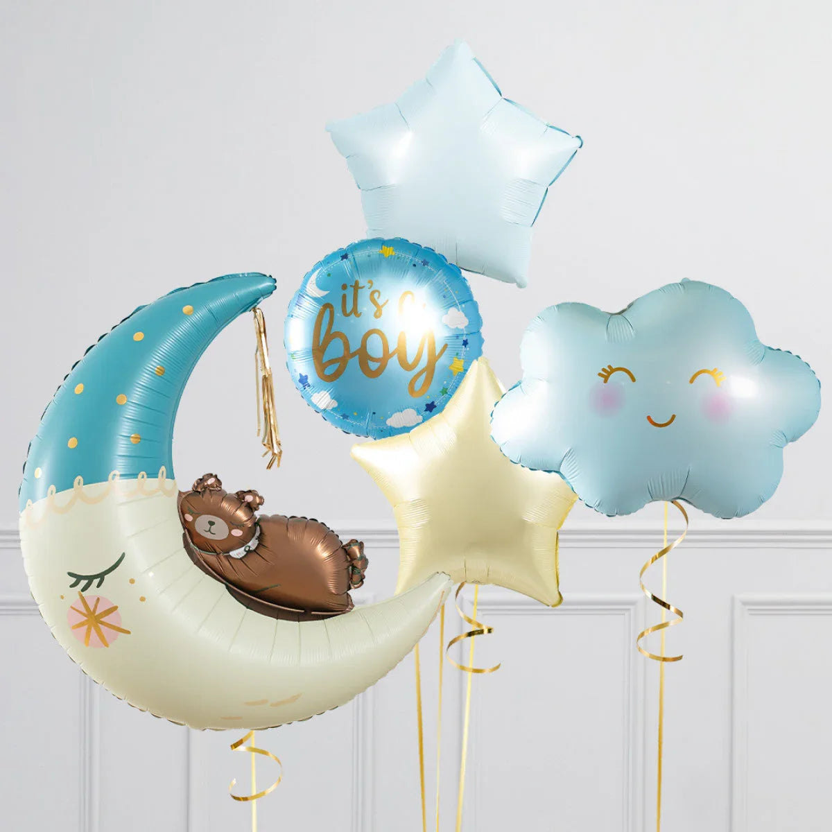 Baby shower blue foil balloons set with moon, bear, stars, cloud, and "it's a boy" text