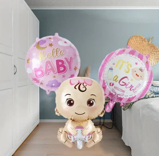 Pink girl-themed gender reveal balloons with baby figure, Hello Baby, and It's a Girl messages