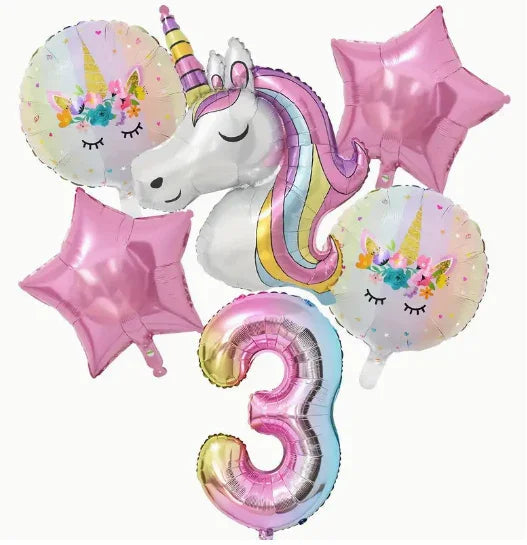 Set of colorful foil balloons including unicorn head, two unicorn face rounds, pink stars, and number 3 balloon