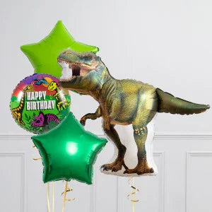 Green T-Rex dinosaur balloon with two green star-shaped and one happy birthday balloon