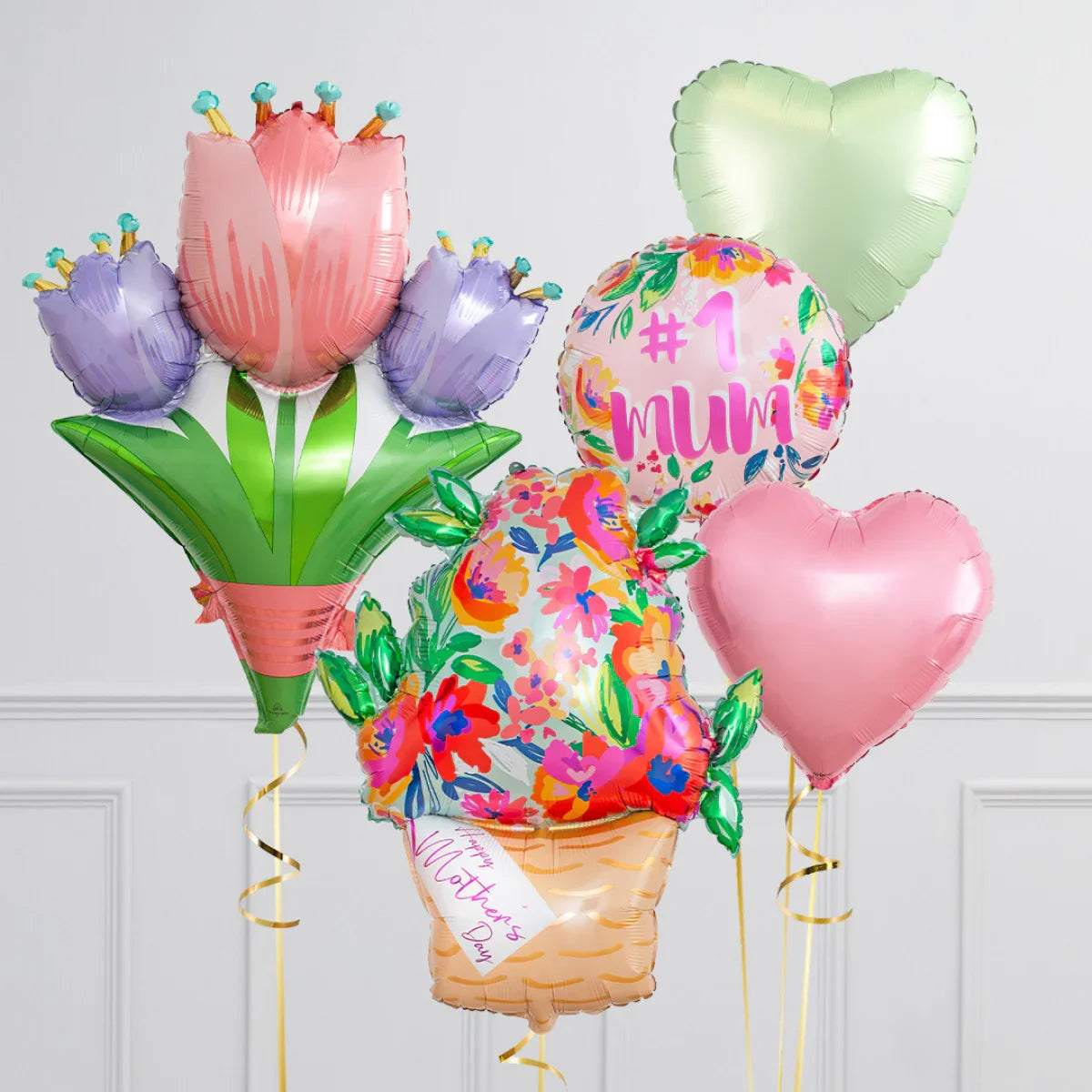 Colorful Mother's Day foil balloons including floral bouquet, #1 mum, and heart shapes in pink and green