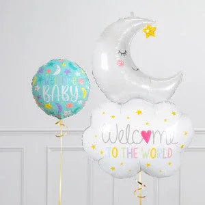 Set of baby shower balloons including a silver crescent moon, a white cloud with welcome message, and a blue round balloon