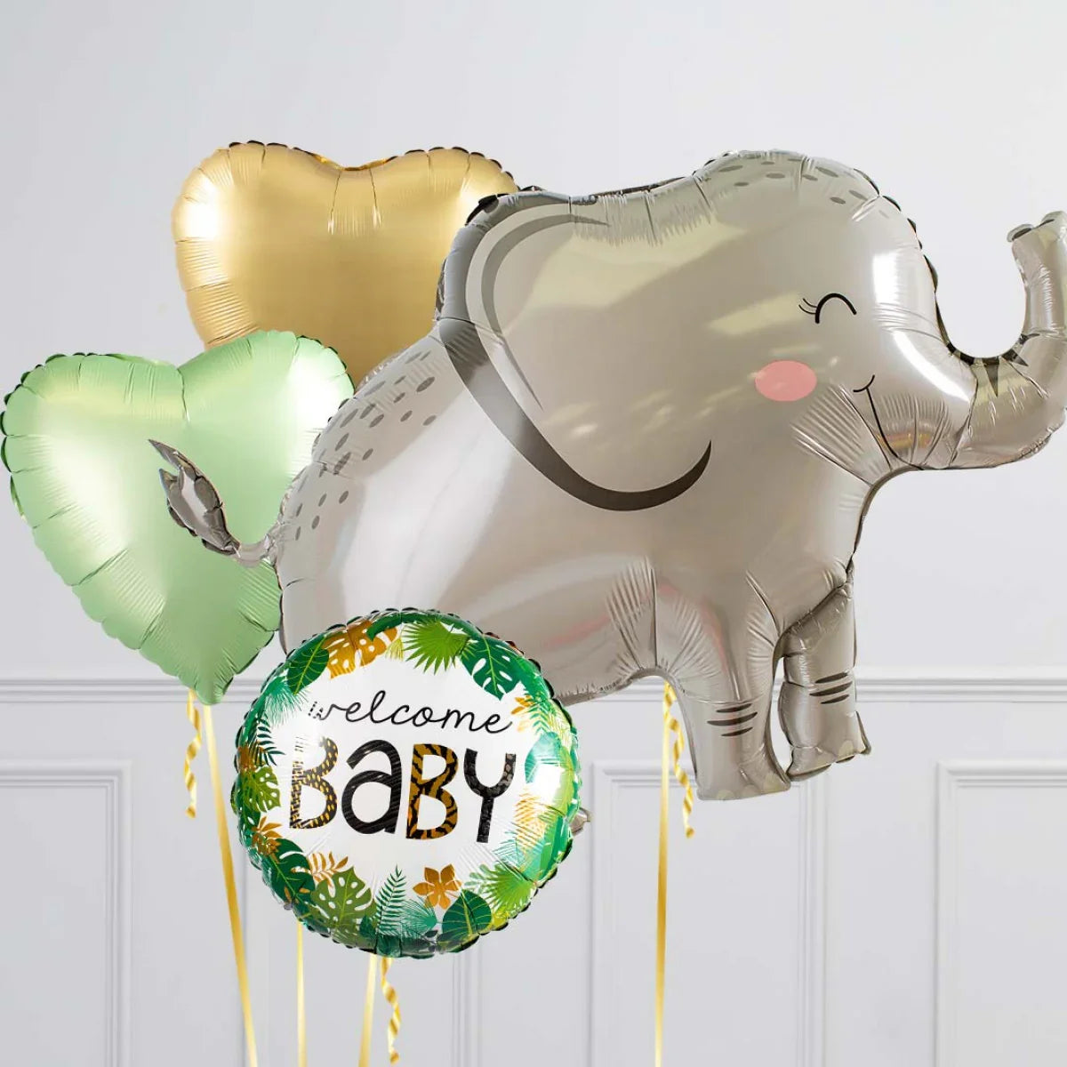 Metallic elephant-shaped balloon with heart-shaped gold and green balloons and welcome baby balloon