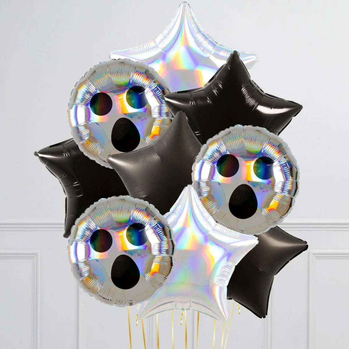 Halloween helium foil balloons cluster with silver ghost faces and black and silver star shapes
