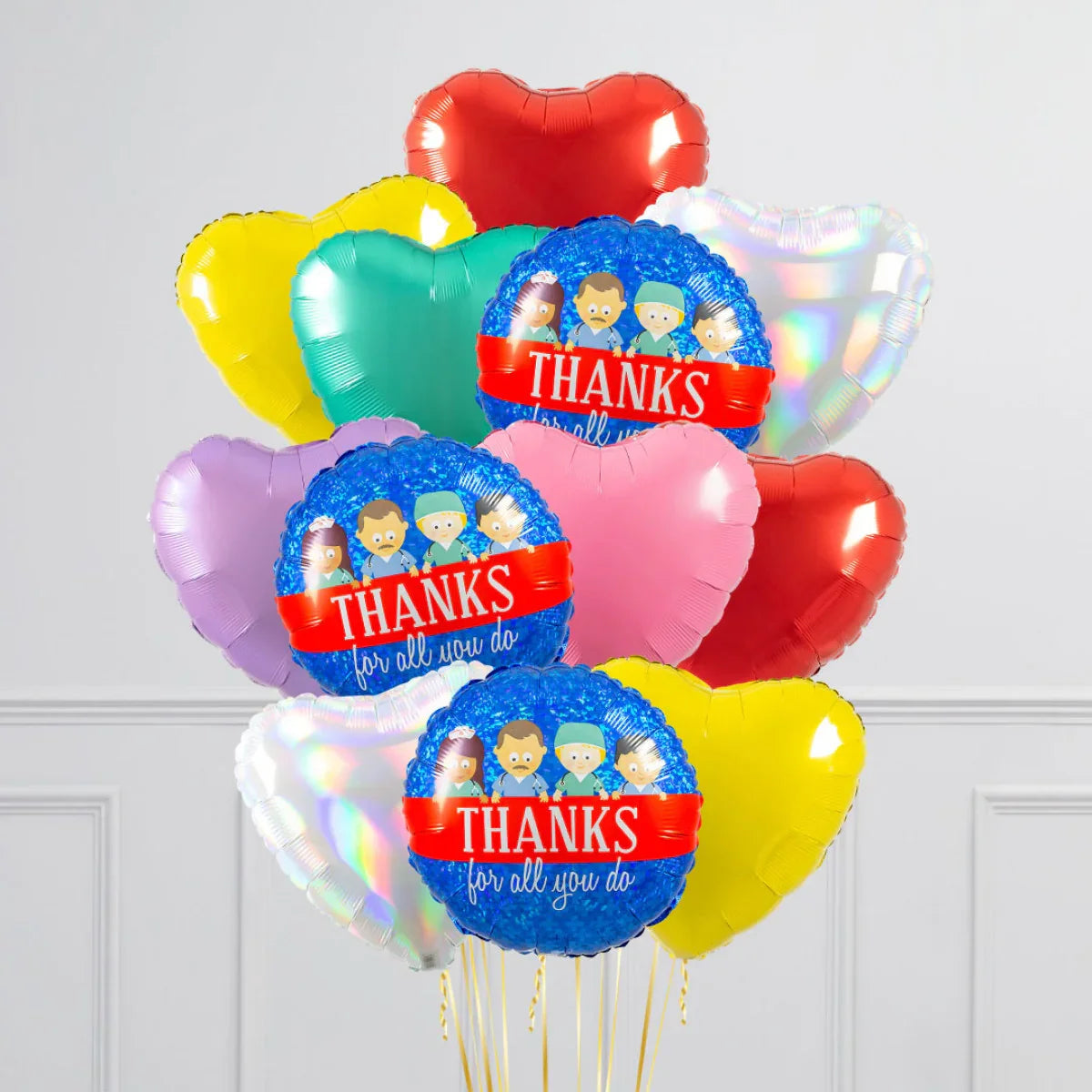Colorful heart-shaped balloons and blue round balloons with 'Thanks for all you do' message and healthcare worker illustrations