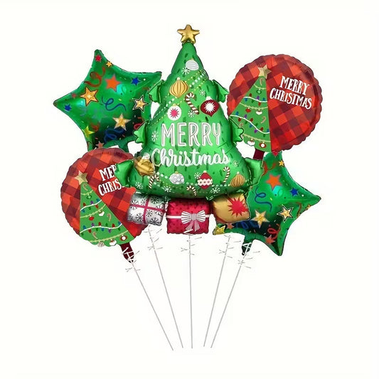 Christmas balloon set with green tree, star shapes, presents, and Merry Christmas text