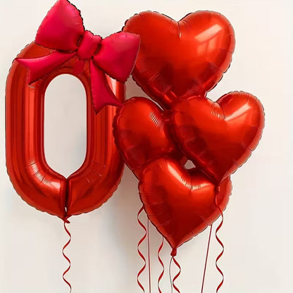 Red foil balloons set with one large '0' balloon adorned with a red bow and four heart-shaped balloons