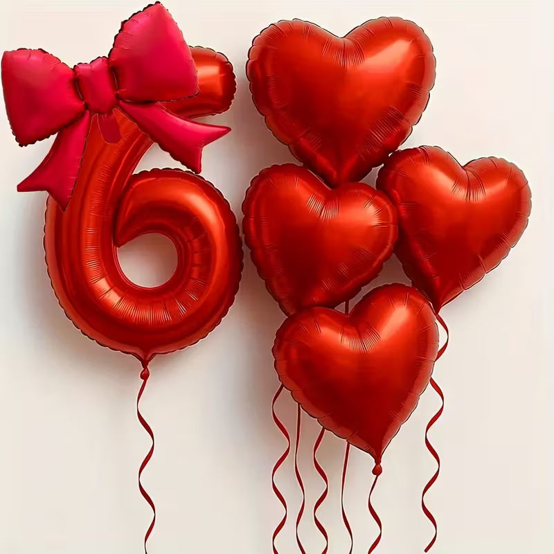 Red foil balloons set with number 6 balloon and large pink bow, five heart-shaped red balloons with ribbons