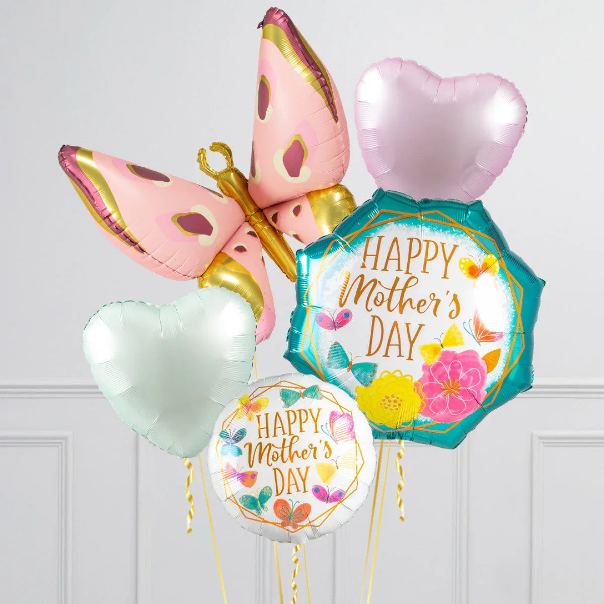 Colorful Mother's Day balloons including pink butterfly, heart shapes, and floral Happy Mother's Day designs
