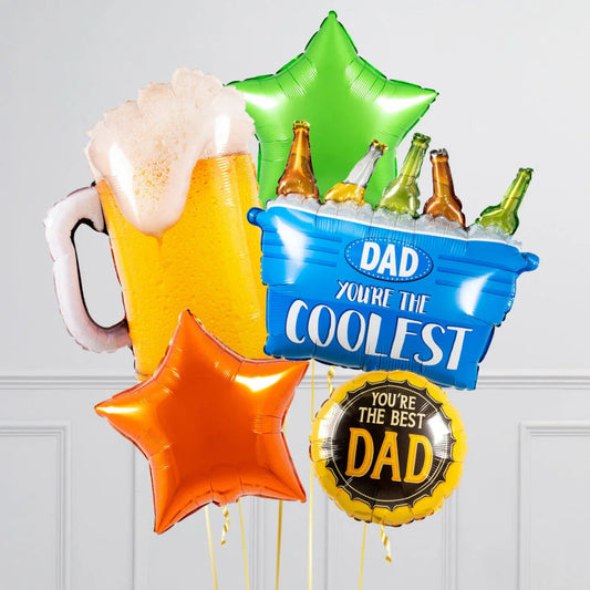 Father's Day balloon bouquet with beer mug, six-pack cooler, and star-shaped balloons
