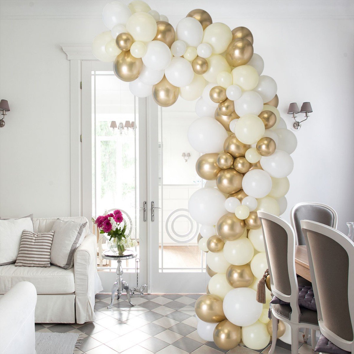 Ivory Gold Asymmetric Balloon Arch – Elegant Party Decor