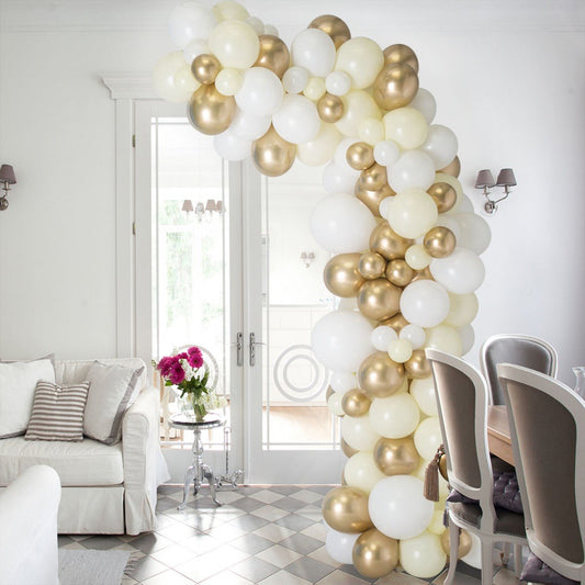 Ivory Gold Asymmetric Balloon Arch – Elegant Party Decor