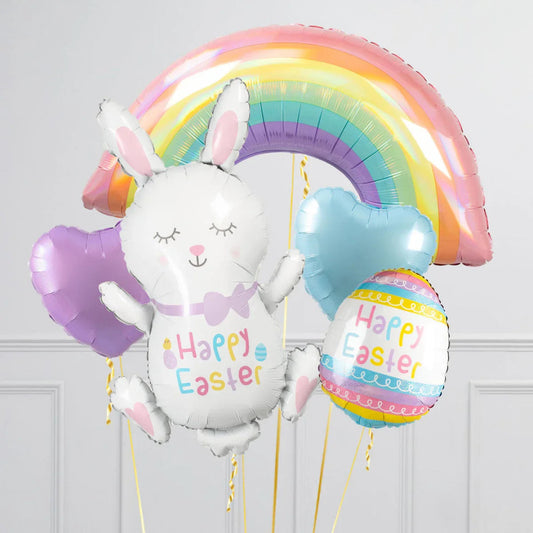 Easter balloons set with bunny, rainbow, heart shapes, and Happy Easter egg in pastel colors