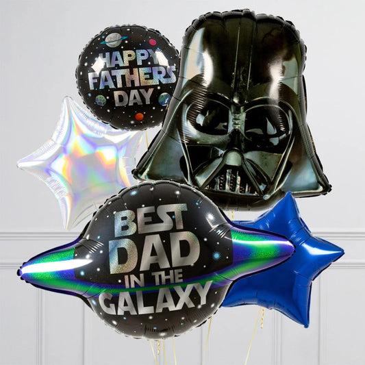 Star Wars Darth Vader and galaxy-themed Father's Day balloons with 'Best Dad in the Galaxy' and star shapes