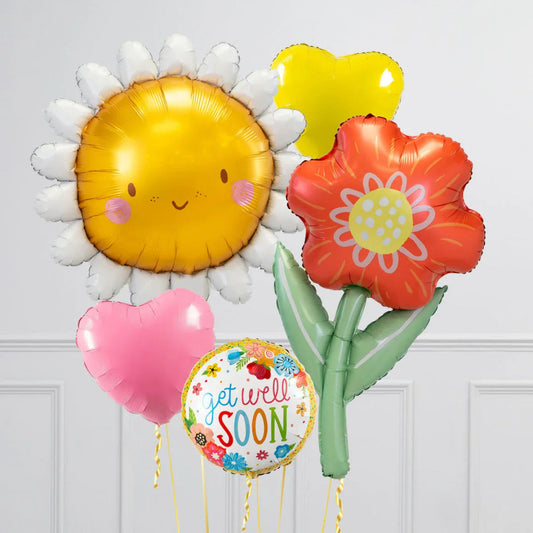 Get well soon balloon bouquet with cheerful sun, red flower, and pink and yellow heart balloons
