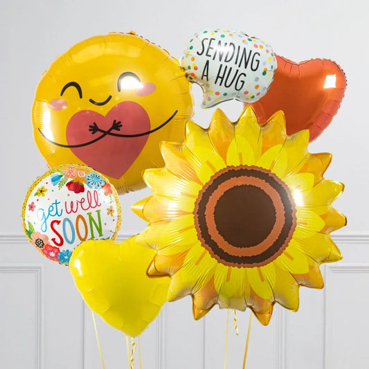 Colorful get well soon balloons including sunflower, heart, emoji hug, and sending a hug message