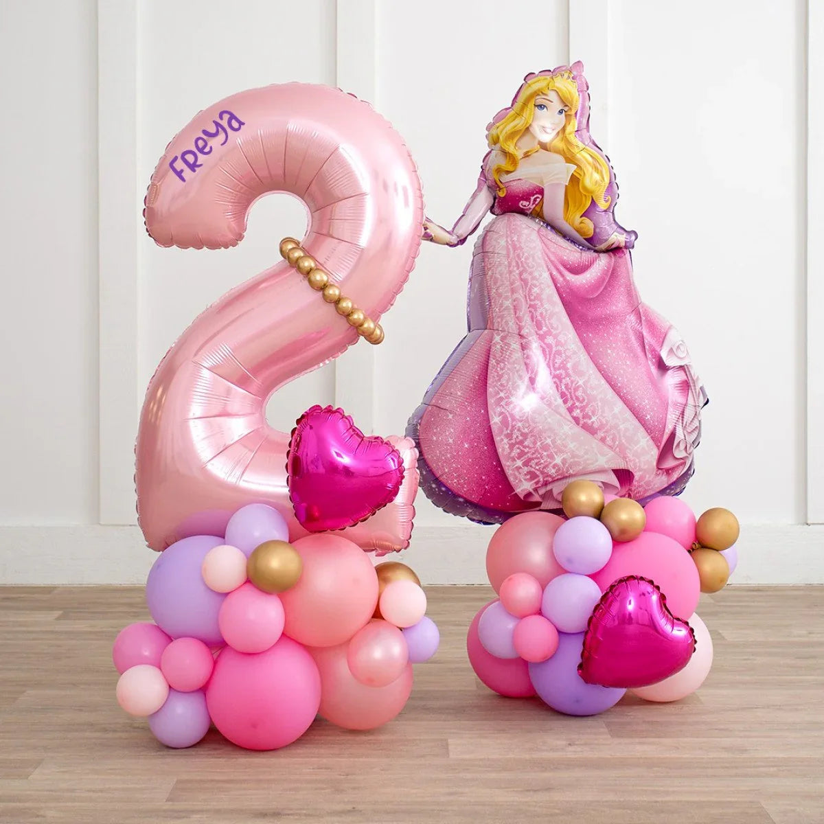 Personalised pink number 2 and Princess Aurora foil balloons with pastel balloon clusters