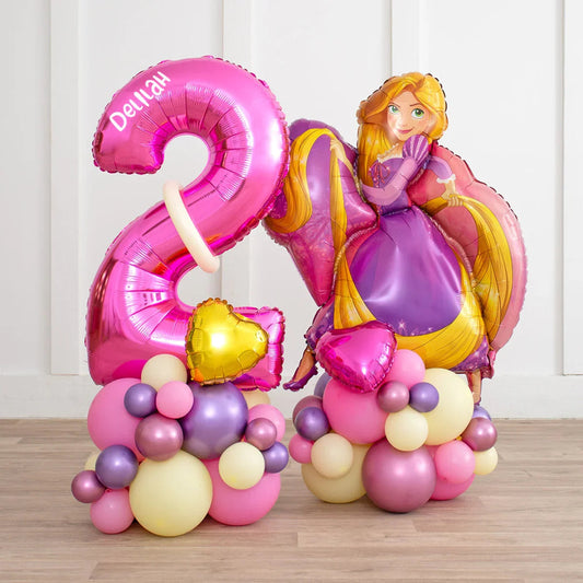 Personalized pink number 2 balloon with name Delilah and Rapunzel princess foil balloon on colorful balloon clusters
