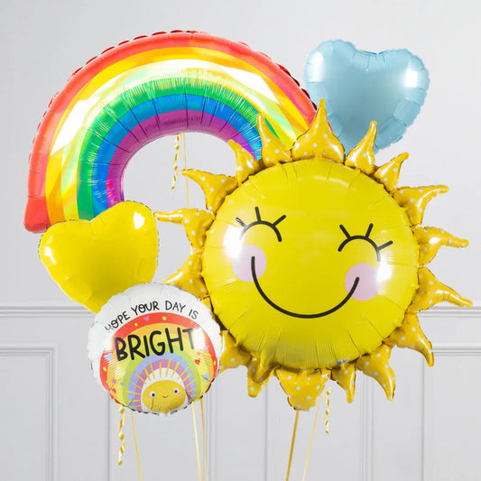 Bright smiley sun, rainbow, heart-shaped and cheerful hope your day is bright balloons