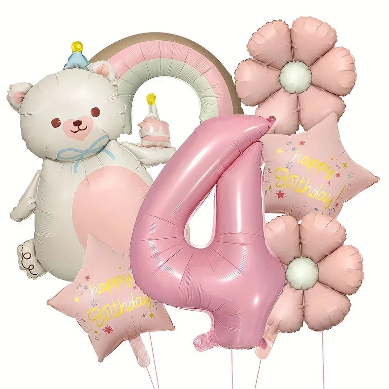 Pink bear birthday balloon set with number 4, stars, flowers, and rainbow party decorations