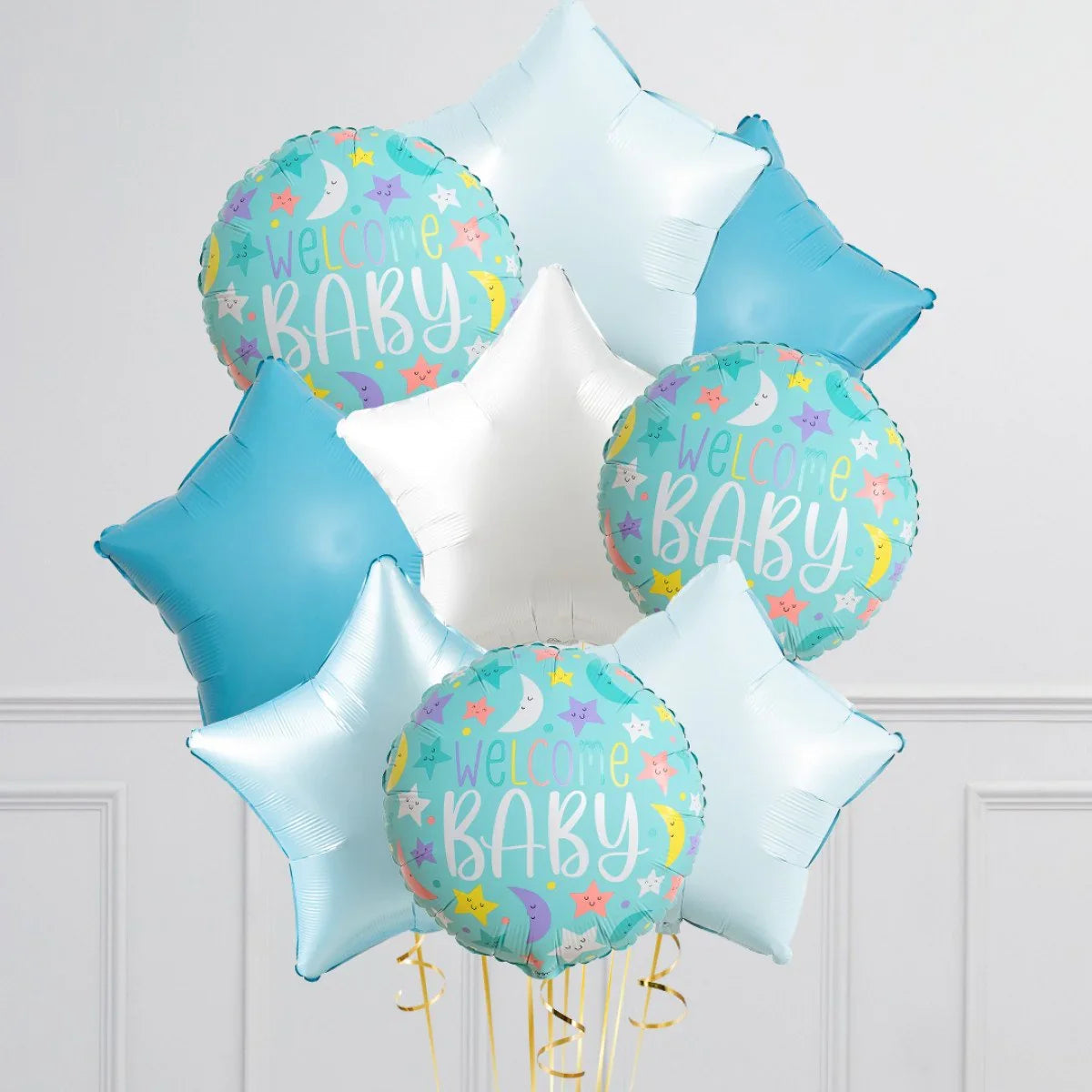 Blue and white star-shaped and round foil balloons with 'Welcome Baby' in pastel colors