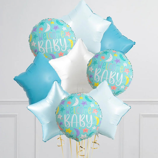 Blue and white star-shaped and round foil balloons with 'Welcome Baby' in pastel colors