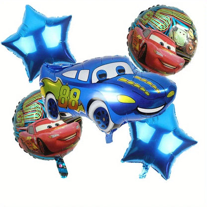 Blue foil balloon shaped like race car number 88 with two blue star-shaped and two Lightning McQueen round balloons