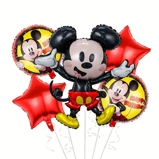 Mickey Mouse foil balloon set with red stars and happy birthday round balloons on white