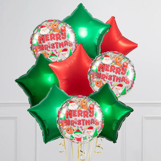 Christmas balloon bouquet with red and green star balloons and Merry Christmas round foil balloons