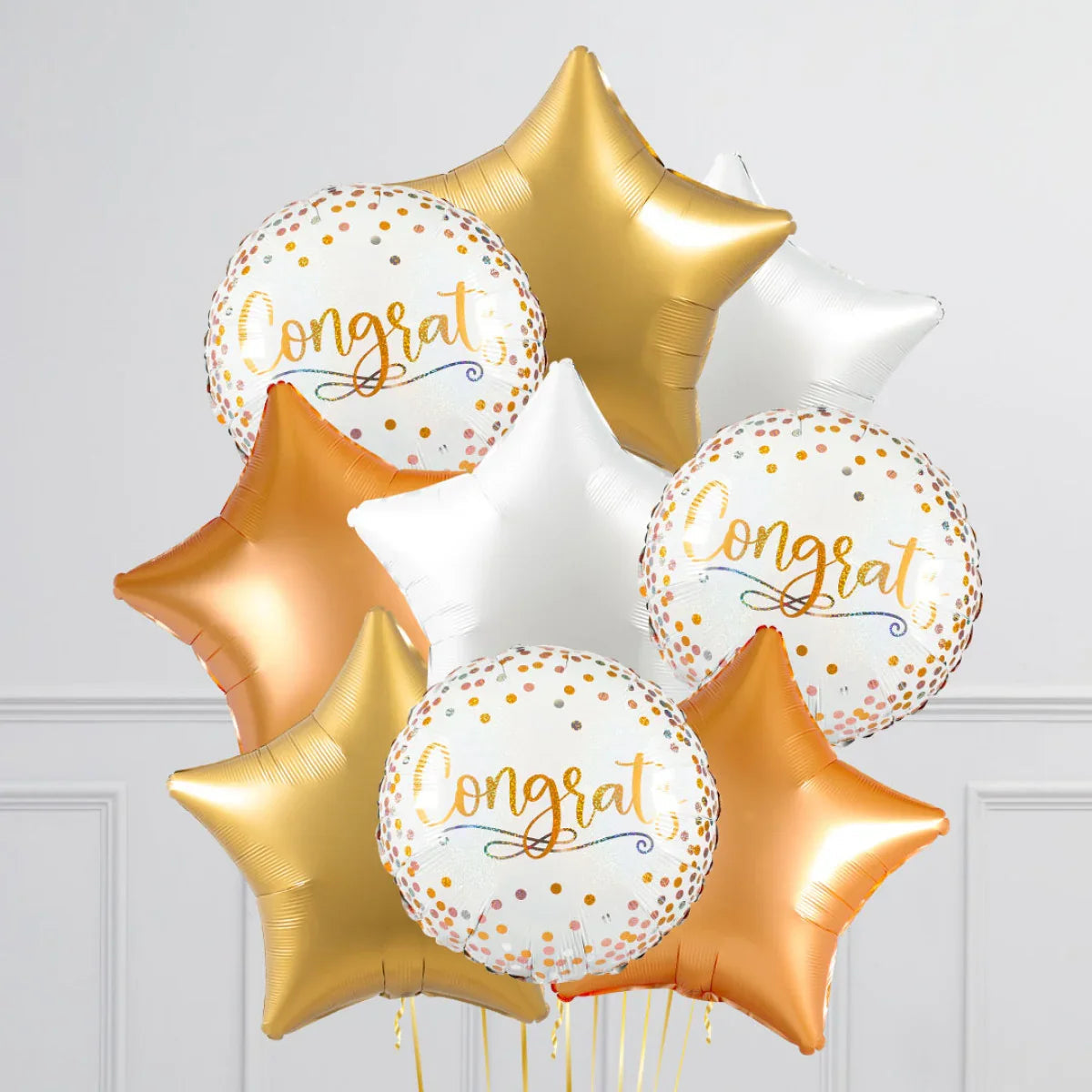 Congrats foil balloon bunch with gold, white, and bronze star-shaped balloons for celebration