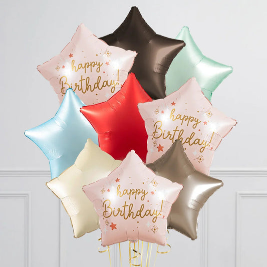 Star-shaped happy birthday foil balloons bunch in gold, red, blue, green, and brown colors