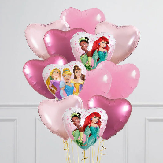 Bouquet of pink heart-shaped balloons featuring Disney princesses Ariel, Tiana, Cinderella, Belle, and Rapunzel