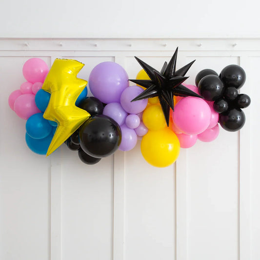 Colorful 2m balloon garland with pink, purple, yellow, blue, black balloons and black star and yellow lightning foil