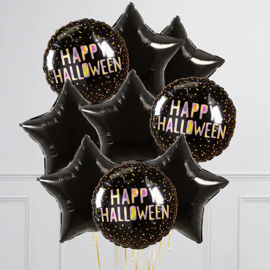 Black foil balloons with "Happy Halloween" text and black star-shaped balloons on white background