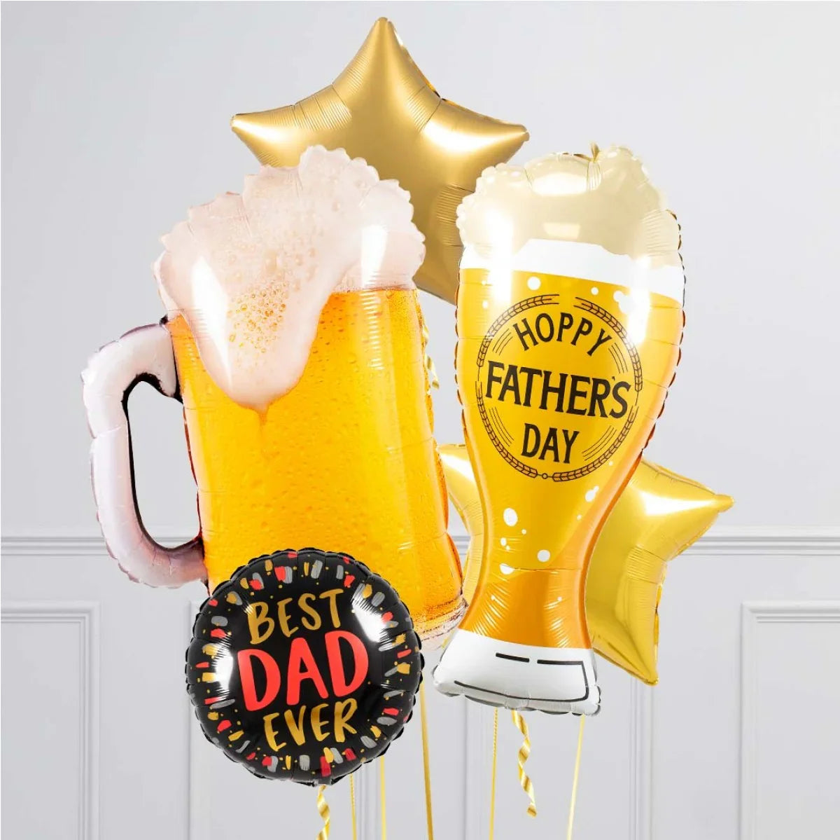 Father's Day balloon bouquet with beer mug, beer glass shaped balloons, gold stars, and Best Dad Ever balloon