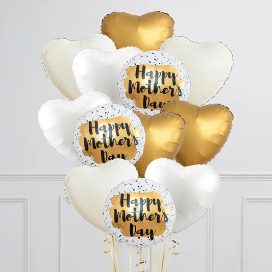 Happy Mother's Day white and gold heart-shaped foil balloons bunch with confetti design