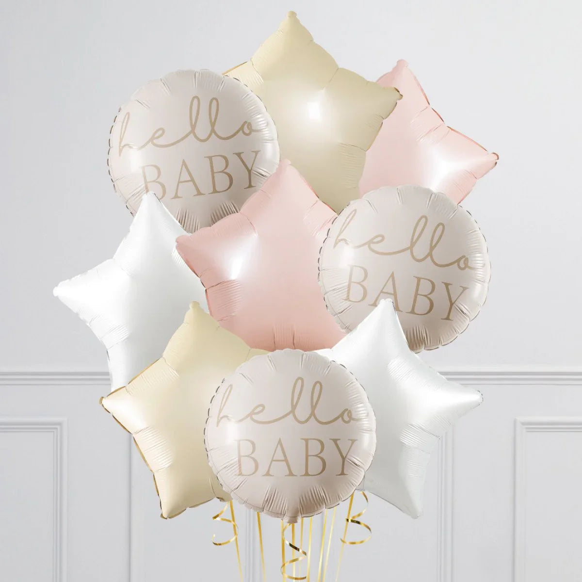 helium balloons bouquet with round Hello Baby and star shapes in white, cream, and pink colors