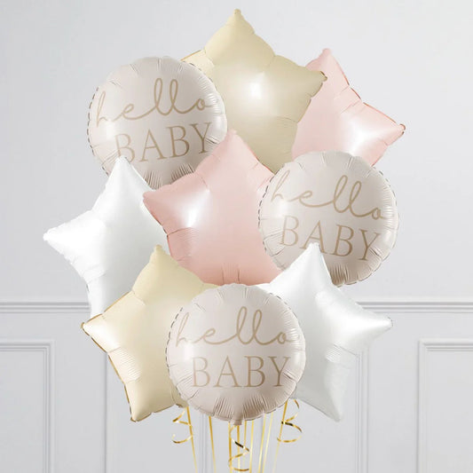 helium balloons bouquet with round Hello Baby and star shapes in white, cream, and pink colors