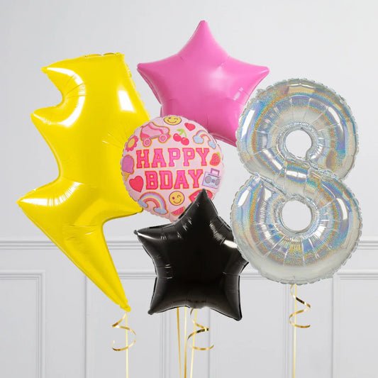 Colorful birthday balloons including yellow lightning, pink and black stars, silver number 8, and happy bday circle
