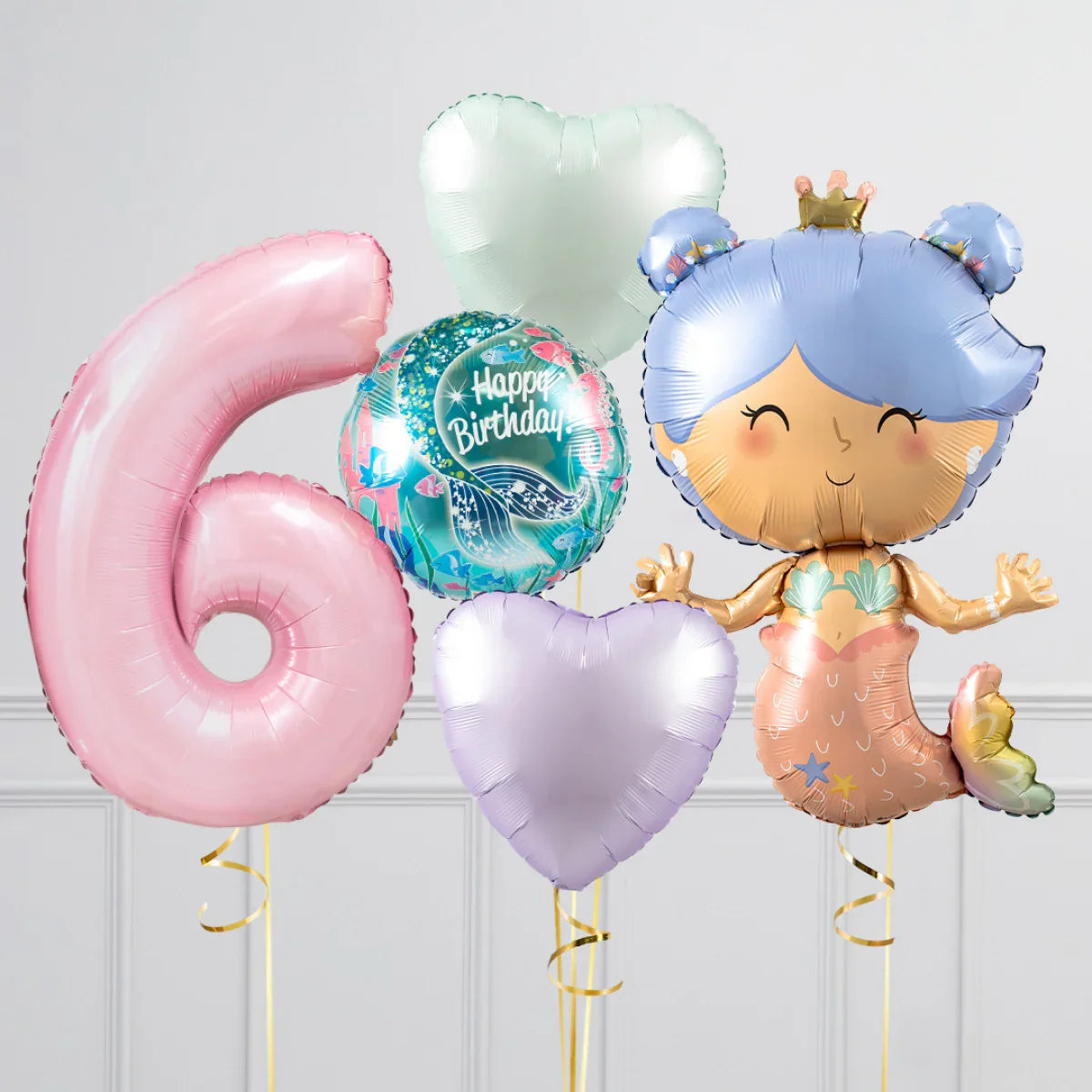 Colorful birthday balloons including pink number 6, mermaid, pastel hearts, and happy birthday balloon