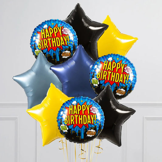 Colorful Happy Birthday foil balloon bunch with comic-style round and star-shaped balloons